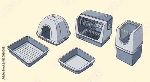 Isometric illustration of various types of cat litter boxes including covered and self cleaning models