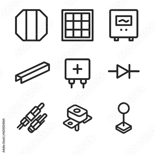 Solar Panel Icons. Outline icon set of solar panel components: solar cell, module frame, inverter, mounting rail, junction box,