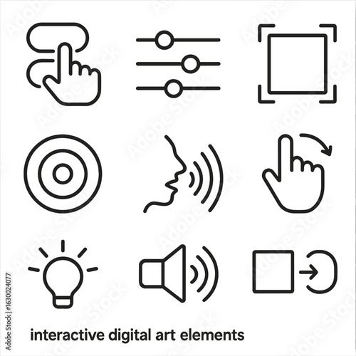 Digital Art Icons Grid. Outline icon set of interactive digital art elements: buttons, sliders, draggable