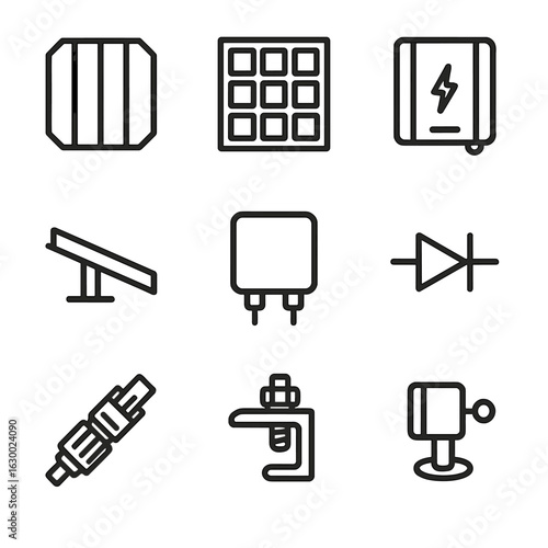 Solar Panel Icons. Outline icon set of solar panel components: solar cell, module frame, inverter, mounting rail, junction box,