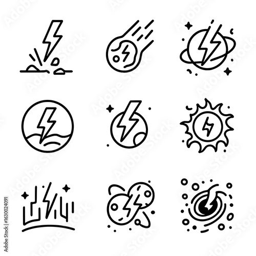 Cosmic Thunder Icons. Outline icon set of thunder in astronomy: thunderous impact, meteor strike, cosmic waves, space storm, solar