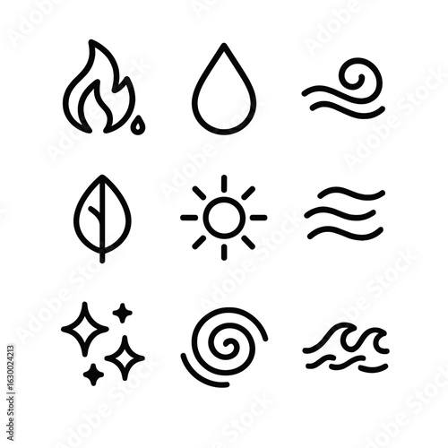 Soul Elements Icons. Outline icon set of soul elements: fire spark, water droplet, wind swirl, earth leaf, light orb, shadow mist,