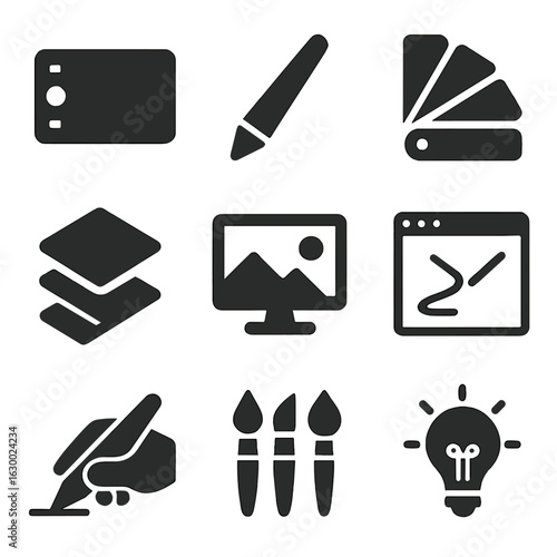 Digital Art Toolkit. Solid, filled icons set of Digital art education: graphic tablet, stylus, color picker,