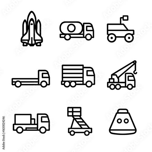 Cosmodrome Vehicle Icons. Outline icon set of cosmodrome vehicles: space shuttle, fuel truck, rover, transporter, cargo truck,