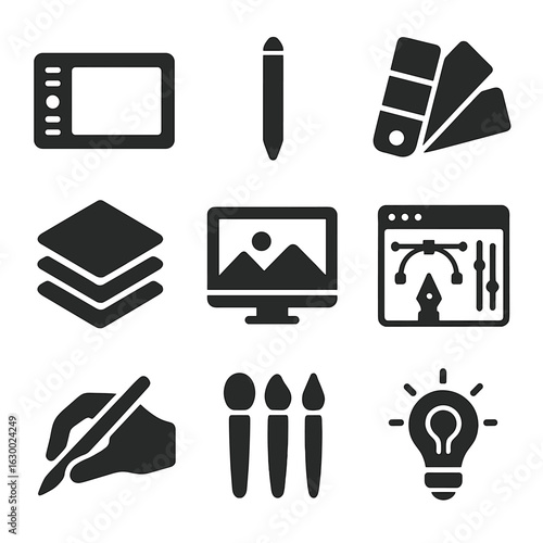 Digital Art Toolkit. Solid, filled icons set of Digital art education: graphic tablet, stylus, color picker,