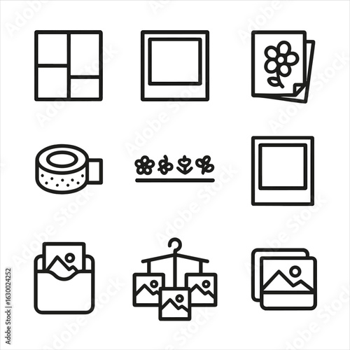 Instax Craft Icons. Outline icon set of creative instax crafts: collage layout, polaroid frame, scrapbook sticker, washi tape roll