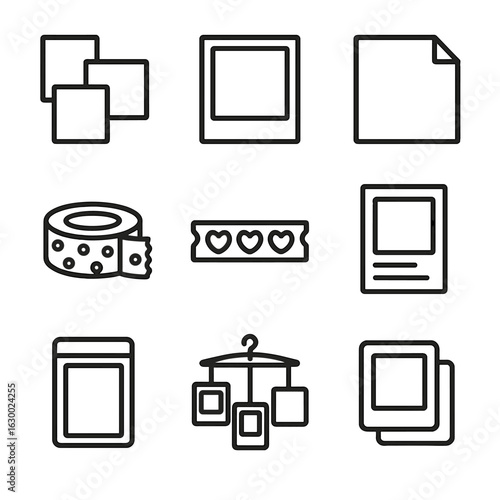 Instax Craft Icons. Outline icon set of creative instax crafts: collage layout, polaroid frame, scrapbook sticker, washi tape roll