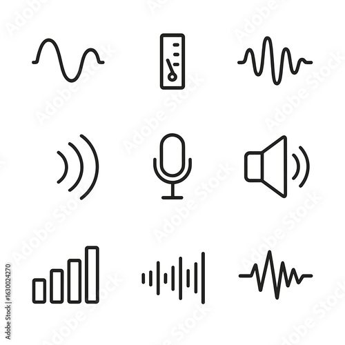 Sound Wave Icons. Outline icon set of sound waves and signals: sine wave, decibel meter, vibration lines, echo, microphone,