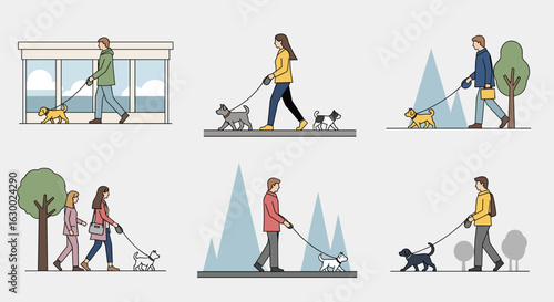 Illustrations showing people walking their dogs in various outdoor and urban environments on leashes