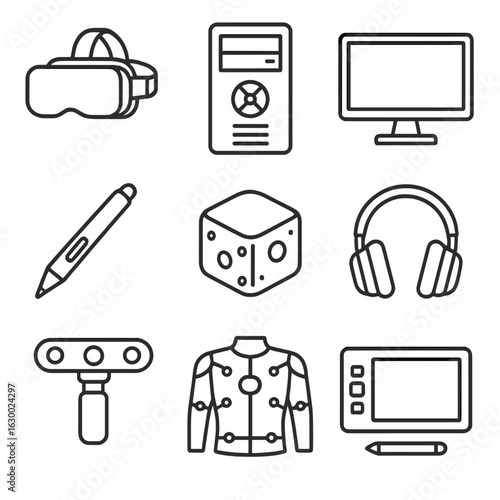 Digital Art Tools. Outline icon set of digital art hardware: VR headset, computer tower, high-res monitor,