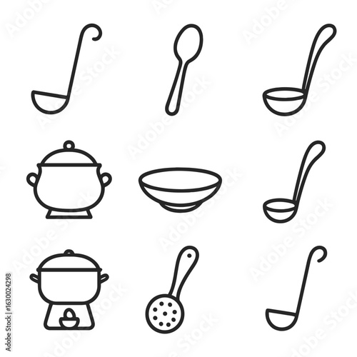 Soup Tool Icons. Outline icon set of soup serving tools: soup ladle, serving spoon, soup bowl, tureen, soup plate, broth spoon,