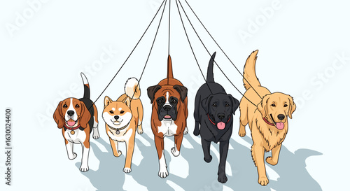 Illustration of a group of dogs of different breeds walking together on leashes in a bright setting
