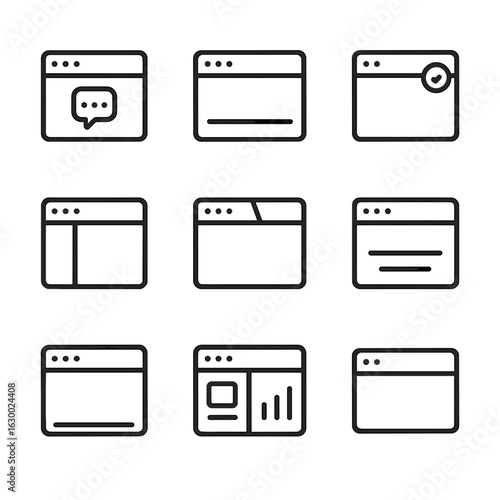 Interface Icons Set. Outline icon set of interface windows: dialog box, modal window, notification, sidebar, tab, menu bar, status