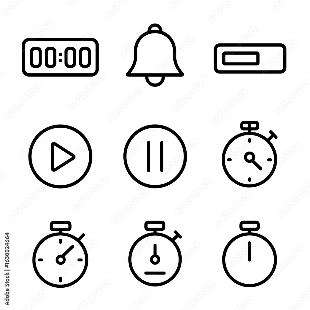 Fototapeta premium Countdown Timer Icons. Outline icon set of countdown timer: digital countdown, bell alarm, progress bar, start button, pause