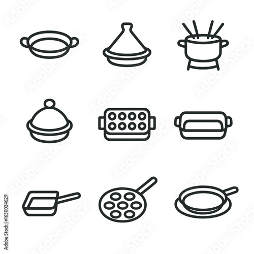 Specialty Pan Icons. Outline icon set of specialty pans: paella pan, tagine, fondue pot, tandoor pan, takoyaki pan, roaster pan,