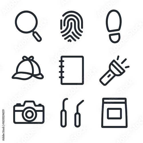 Investigation Icon Set. Outline icon set of clue investigation tools: magnifying glass, fingerprint, footprint, detective hat,
