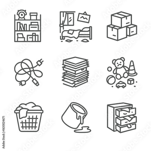 Chaotic Space Icons. Outline icon set of chaotic spaces: cluttered shelf, messy room, piled boxes, tangled wires, stacked files,