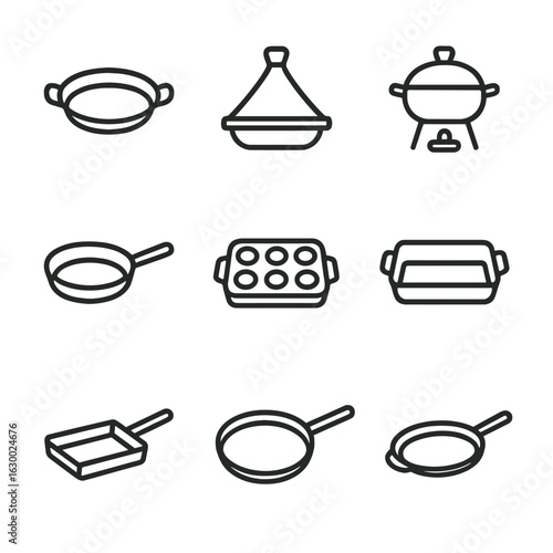 Specialty Pan Icons. Outline icon set of specialty pans: paella pan, tagine, fondue pot, tandoor pan, takoyaki pan, roaster pan,