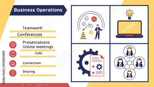 Illustration showing business operations including teamwork conferences and online meetings and presentations