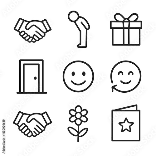 Courtesy Icon Set. Outline icon set of courtesy: handshake, bow, gift, door, smile, nodding head, handshake, flower, invitation