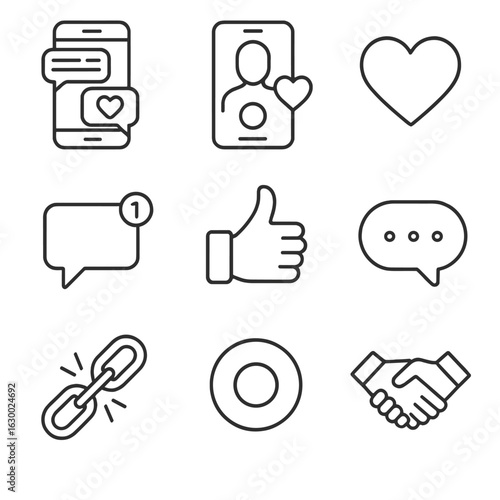 Digital Communication Icons. Outline icon set of relationship communication in the digital age: smartphone