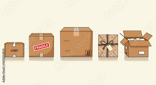 Arrangement of various cardboard boxes including fragile logo gift wrapped and open boxes in a row