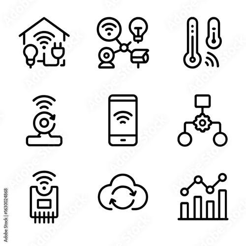 IoT Connectivity Icons Set. Outline icon set of IoT connectivity: smart home hub, connected devices, sensor, actuator, mobile app