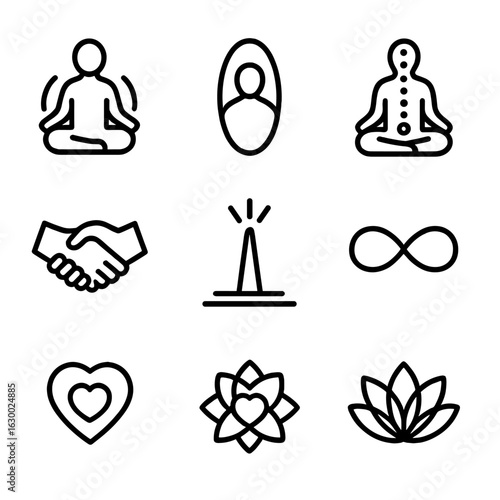Spiritual Connection Icons. Outline icon set of spiritual connections: meditation, aura, chakra, energy flow, handshake, light