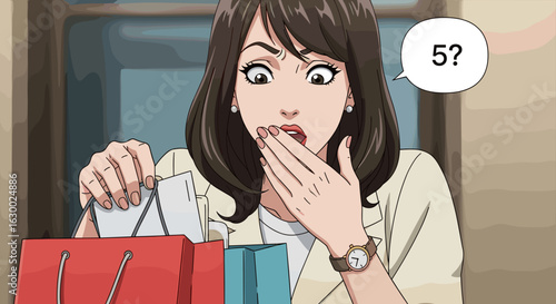 Surprised woman with shopping bags and a speech bubble containing the number five in an illustration