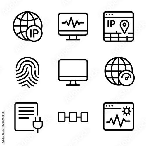 IP Analytics Icons. Outline icon set of IP address analytics: IP geolocation, traffic monitoring, session tracking, device