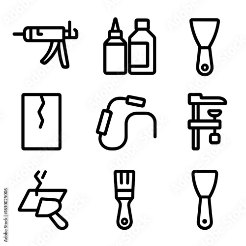 Crack Repair Tools Icons. Outline icon set of crack repair tools: sealant gun, epoxy resin, putty knife, sandpaper, welding torch,