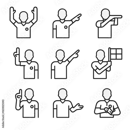 Sport Referee Icon Set. Outline icon set of sports referee signals: goal signal, foul signal, timeout gesture, substitution signal