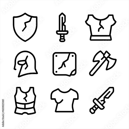 Cracked Armor Icons. Outline icon set of crack in armor: cracked shield, broken sword, damaged armor, fractured helmet, cracked