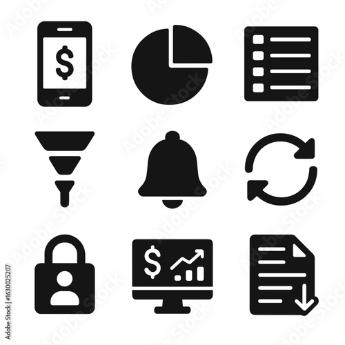 Digital Finance Icons. Solid, filled icons set of digital expense management tools: mobile banking app, budget