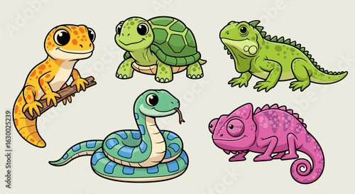 Illustration of a collection of five cartoon reptiles including a gecko turtle iguana snake and chameleon