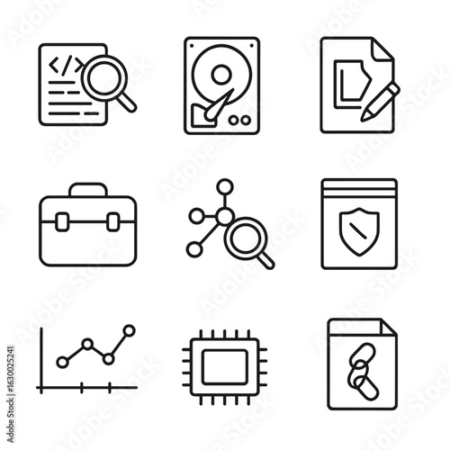 Digital Forensics Icons. Outline icon set of Digital forensics: magnifying glass on code, data recovery, file