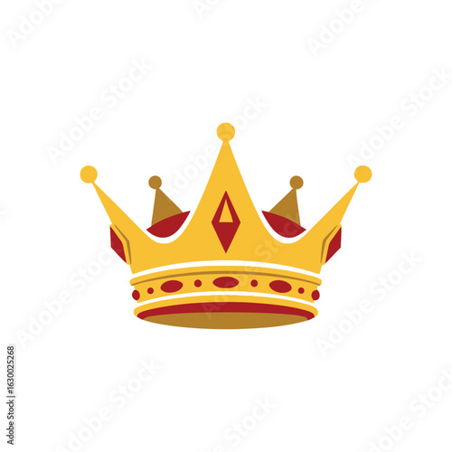 A majestic gold and red royal crown with pointed spires and jewels.