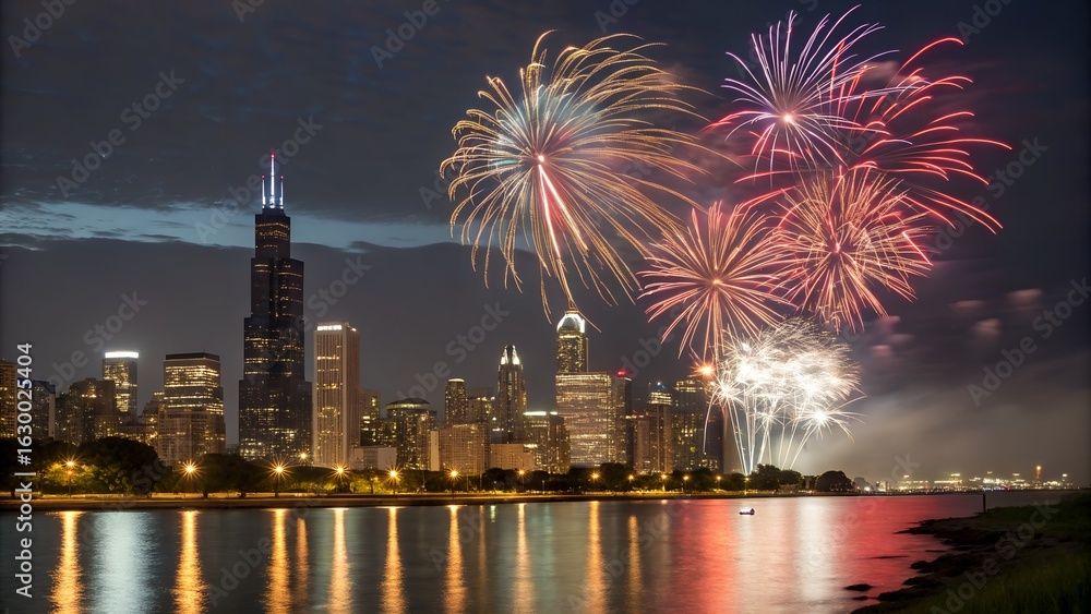 Obraz premium Colorful fireworks exploding over chicago skyline at night reflected in the lake
