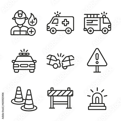 Crash Aftermath Icons. Outline icon set of crash aftermath: emergency response, ambulance, fire truck, police car, wreckage,