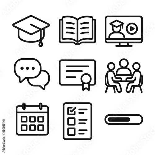 Digital Learning Icons. Outline icon set of digital learning communities: graduation cap, open book, video
