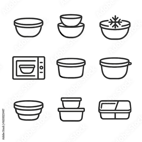 Storage Bowl Icons. Outline icon set of storage bowls: lidded bowl, nested set, freezer-safe bowl, microwave-safe bowl, glass
