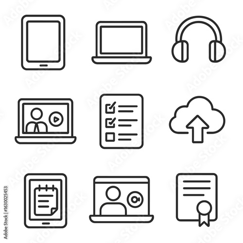 Digital Learning Icons. Outline icon set of digital learning: tablet, laptop, headphones, video lecture,
