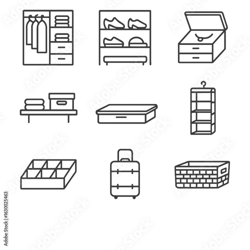 Storage Solution Icons. Outline icon set of personal storage solutions: wardrobe organizer, shoe rack, jewelry box, closet shelf,