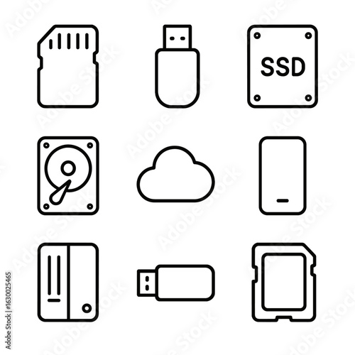 Storage Devices Icons. Outline icon set of storage devices: memory card, USB flash drive, SSD outline, HDD platter, external drive