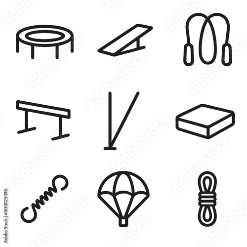 Jump Equipment Icons. Outline icon set of jump equipment: trampoline, springboard, jump rope, hurdle, pole vault pole, landing mat