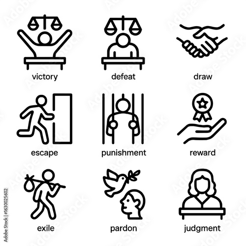 Icons of Justice and Agriculture. Outline icon set of trial outcomes: victory, defeat, draw, escape, punishment, reward, exile,