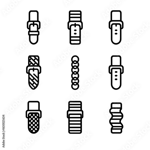 Strap Icon Collection. Outline icon set of strap materials: leather strap, nylon strap, silicone strap, canvas strap, metal chain