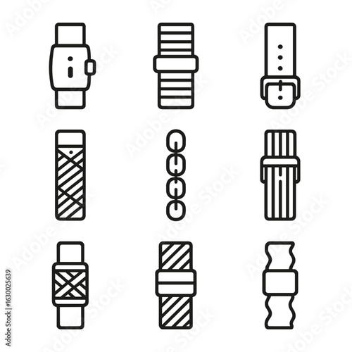 Strap Icon Collection. Outline icon set of strap materials: leather strap, nylon strap, silicone strap, canvas strap, metal chain
