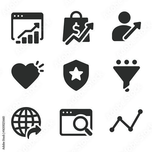 Digital Marketing Icons. Solid, filled icons set of digital marketing goals: increase traffic, boost sales,