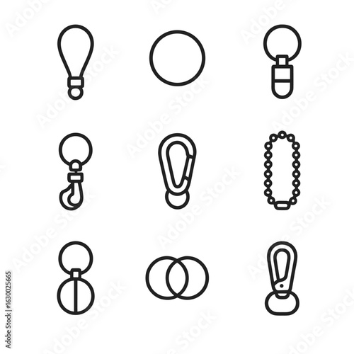 Keychain Outline Icons. Outline icon set of keychain styles: loop keychain, split ring, detachable keychain, swivel clip,